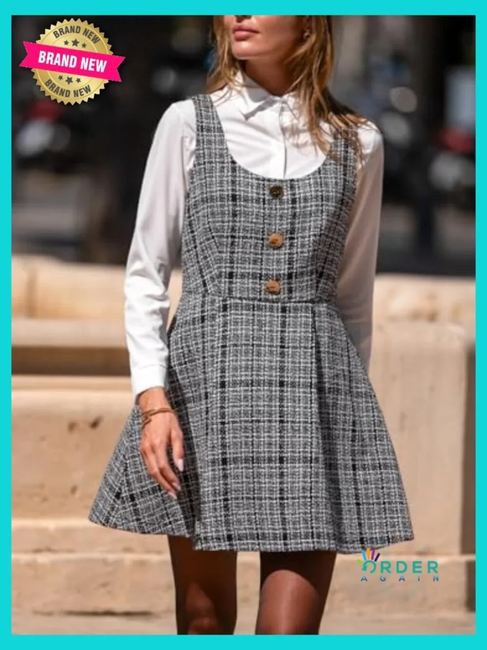 Mini Overall Dress Scoop Neck Plaid Sleeveless A Line Cute Fall Pinafore